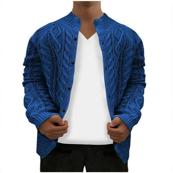 Ecqkame Men's Cable Knit Cardigan Sweater Fashion Winter Warm Loose Shirt Long Sleeve Stand Collar Button Up Solid Jackets A-Blue XXXXL
