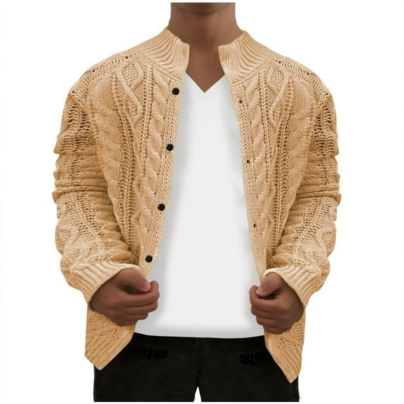 Ecqkame Men's Cable Knit Cardigan Sweater Fashion Winter Warm Loose Shirt Long Sleeve Stand Collar Button Up Solid Jackets A-Khaki XXXL