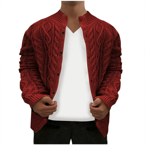 Ecqkame Men's Cable Knit Cardigan Sweater Fashion Winter Warm Loose Shirt Long Sleeve Stand Collar Button Up Solid Jackets A-Wine M