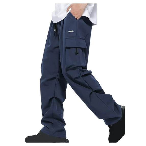 Ecqkame Men's Cargo Pants Casual Elastic Waist Drawstring Streetwear Outdoor Pants Fashion Versatile Multi Pocket Full Length Sweatpants 02-Blue L