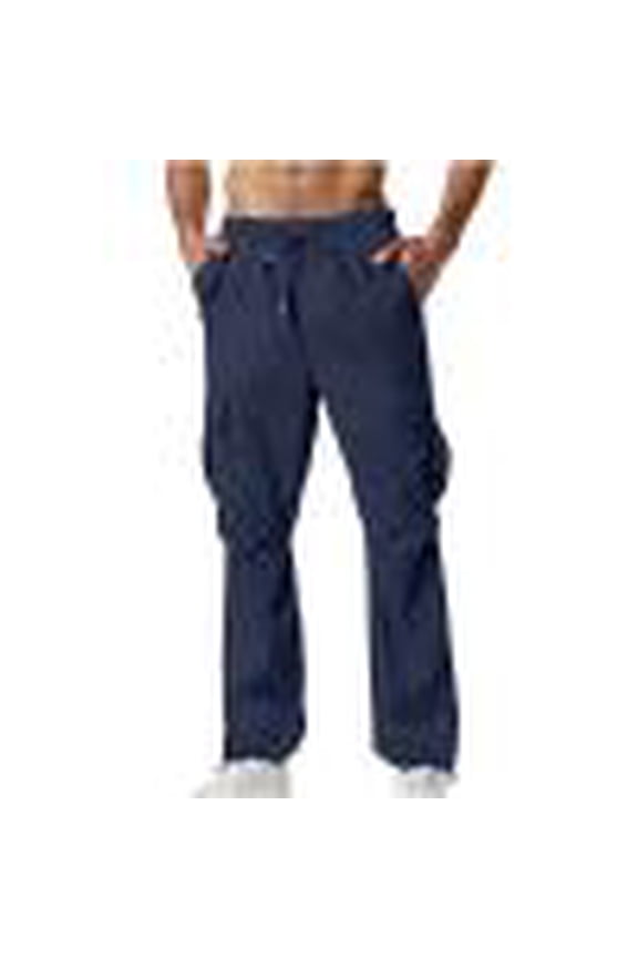 Men's Cargo Pants Stretchy Drawstring Sport Casual Trousers Solid Color Elastic Waist Work Pant with Pockets Navy S