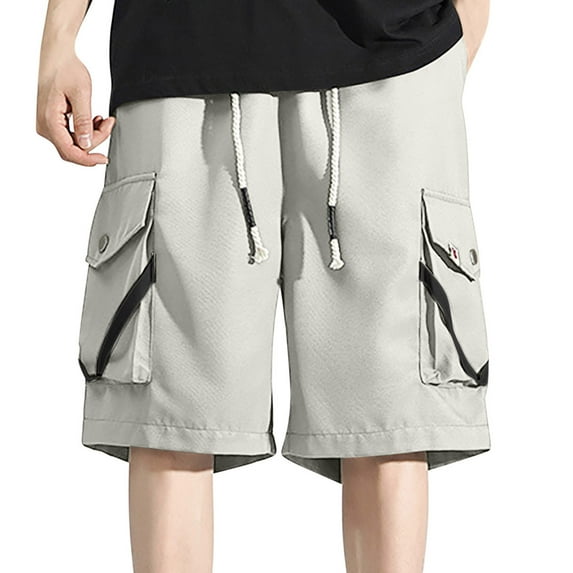 Ecqkame Men's Cargo Shorts Casual Solid Color Trendy Workwear Shorts Outdoor Loose Elastic Waist Drawstring Multi Pocket Shorts 01-Beige M
