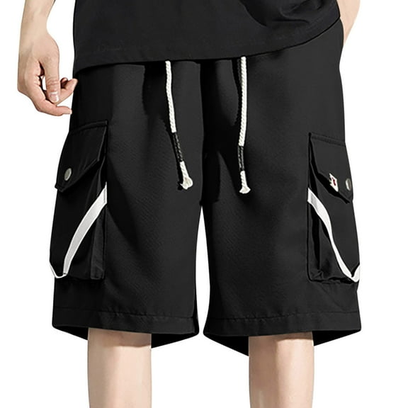 Ecqkame Men's Cargo Shorts Casual Solid Color Trendy Workwear Shorts Outdoor Loose Elastic Waist Drawstring Multi Pocket Shorts 01-Black XXL