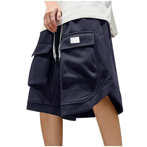 Ecqkame Men's Cargo Shorts Casual Solid Color Trendy Workwear Shorts Outdoor Loose Elastic Waist Drawstring Multi Pocket Shorts 02-Navy L