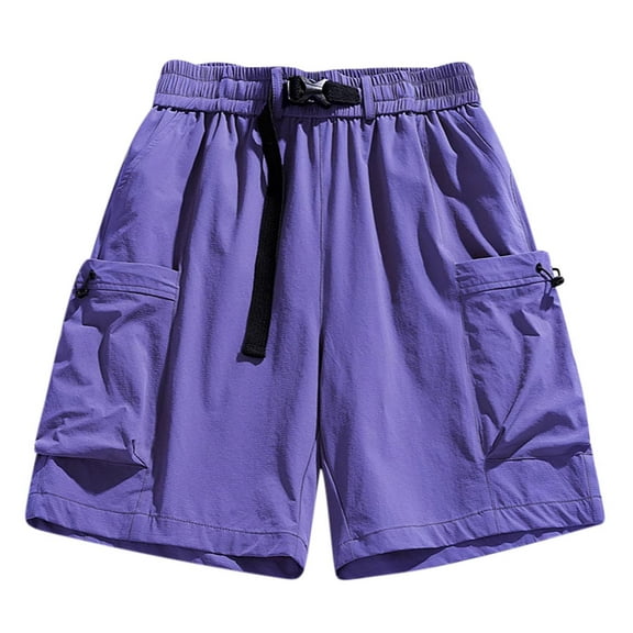 Ecqkame Men's Cargo Shorts Casual Solid Color Trendy Workwear Shorts Outdoor Loose Elastic Waist Drawstring Multi Pocket Shorts 04-Purple L