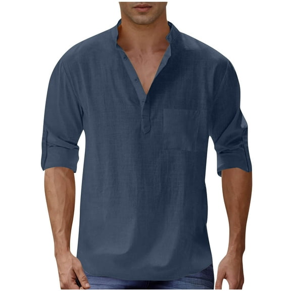 Ecqkame Men's Casual Button Down Shirts Summer Turndown Collar Short Sleeve Beach Shirt Solid Color Vacation Shirts 01-Dark Blue L