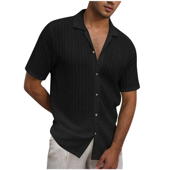 Ecqkame Men's Casual Button Down Shirts Summer Turndown Collar Short Sleeve Beach Shirt Solid Color Vacation Shirts 02-Black S