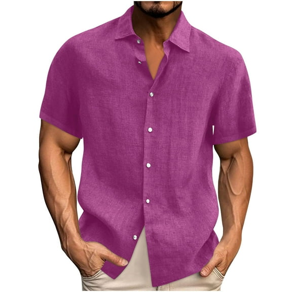 Ecqkame Men's Casual Cotton Linen Shirt Tops Short Sleeve Button Down Vacation Shirt Summer Holiday Solid Color Tops Hot Pink S