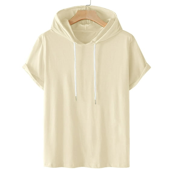 Ecqkame Men's Casual Hooded Shirts Short Sleeve Summer Shirts Pullover Lightweight Sport Top B-Beige L