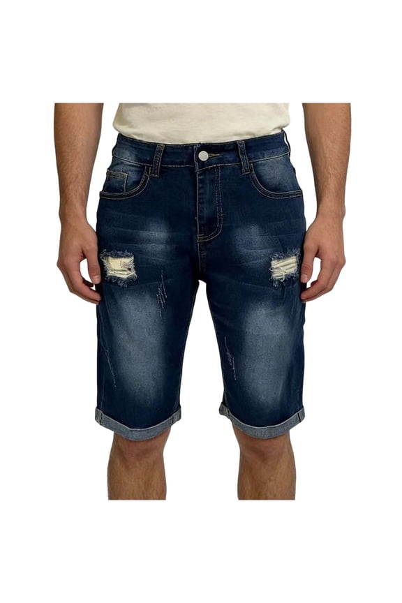 Men's Casual Ripped Jean Shorts Half Straight Half Denim Shorts Zipper Casual Versatile Everyday Shorts Dark Blue S