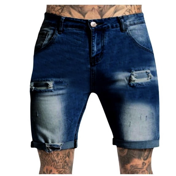 Ecqkame Men's Casual Ripped Jean Shorts Half Straight Half Denim Shorts Zipper Casual Versatile Everyday Shorts Dark Blue S