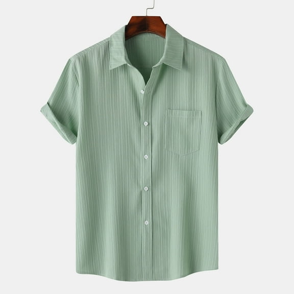 Ecqkame Men's Casual Short Sleeve Turndown Collar Shirt Summer Top Solid Color Button Up Beach Blouse A-Mint Green XL