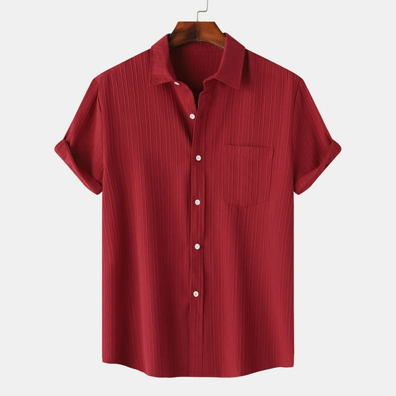 Ecqkame Men's Casual Short Sleeve Turndown Collar Shirt Summer Top Solid Color Button Up Beach Blouse A-Red XXL