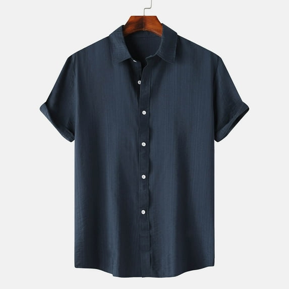 Ecqkame Men's Casual Short Sleeve Turndown Collar Shirt Summer Top Solid Color Button Up Beach Blouse B-Navy XL