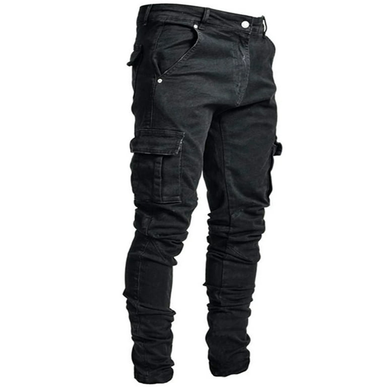 Ecqkame Men's Classic 6-Pocket Loose Flex Jean Clearance Men's Side Pocket  Trousers With Zipper Placket Skinny Jeans Black XXL