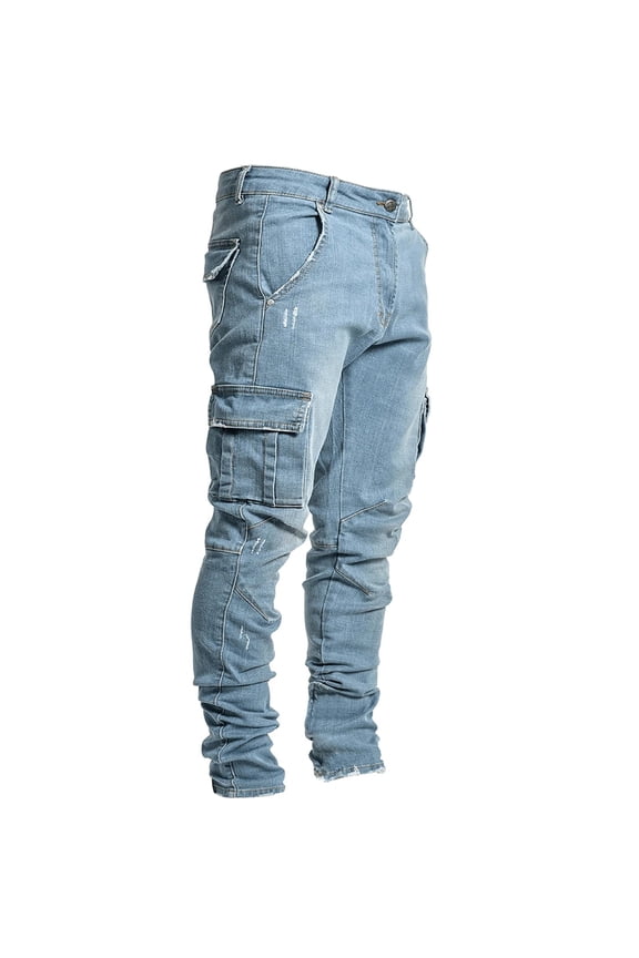 Men's Classic 6-Pocket Loose Flex JeanMen's Side Pocket Trousers With Zipper Placket Skinny Jeans Blue M