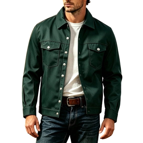 Ecqkame Men's Classic Trucker Jacket Lapel Collar Button Down Long Sleeve Multi Pockets Casual Daily Trendy Versatile Outerwear Green M