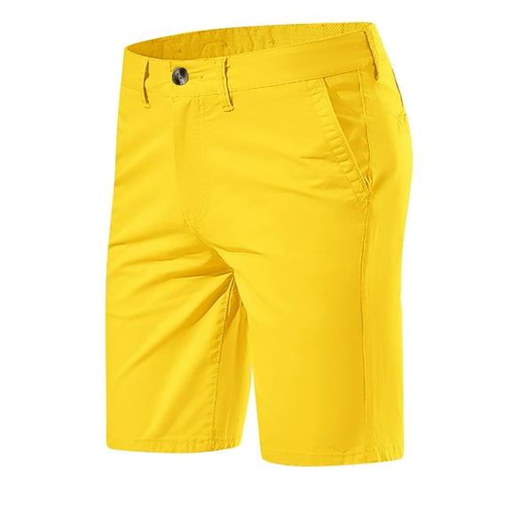 Ecqkame Men's Cotton Casual Shorts Summer Classic Elastic Waist Shorts Daily Wear Trendy Beach Button Shorts Yellow M