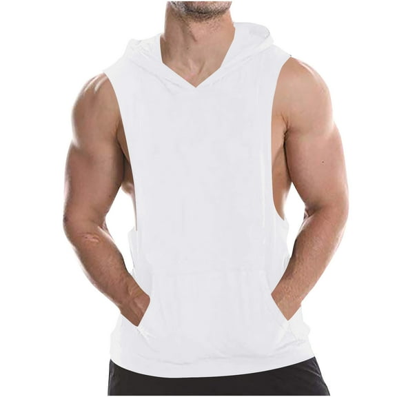 Ecqkame Men's Cotton Hooded Tank Top Sleeveless Solid Color Lightweight Casual Shirts Gym Workout Muscle Shirt 02-White S