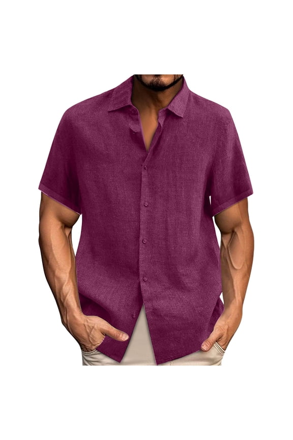 Men's Cotton Linen Tops Turndown Collar Short Sleeve Button Down Casual Shirts Fashion Vacation Summer Beach Shirts 02-Hot Pink XXXXXL