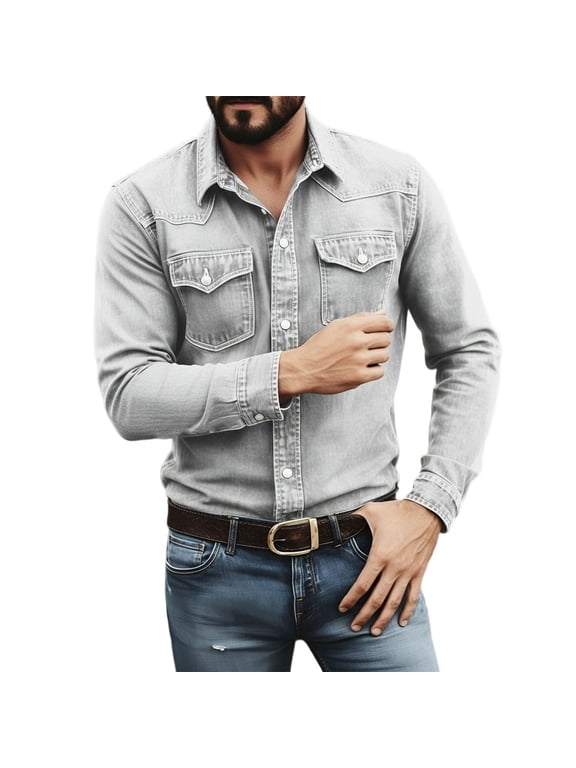 Men's Denim Shirts Solid Color Lapel Collar Button Down Long Sleeve Comfortable Shirt with Chest Pockets Gray M