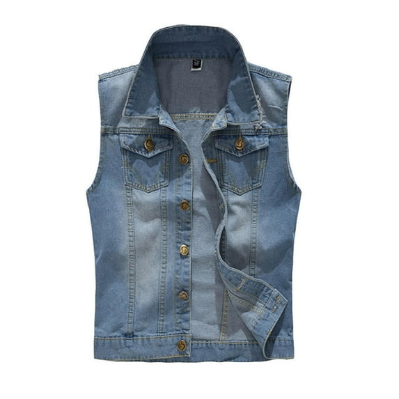 Ecqkame Men's Denim Vests Casual Slim Sleeveless Lapel Vintage Jackets Lightweight Solid Color Button Pockets Jean Outerwear Blue XXXL