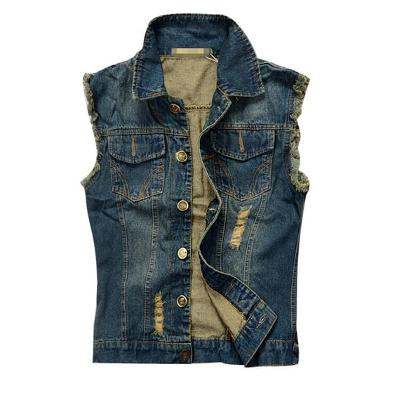 Ecqkame Men's Denim Vests Casual Slim Sleeveless Lapel Vintage Jackets Lightweight Solid Color Button Pockets Jean Outerwear Dark Blue M