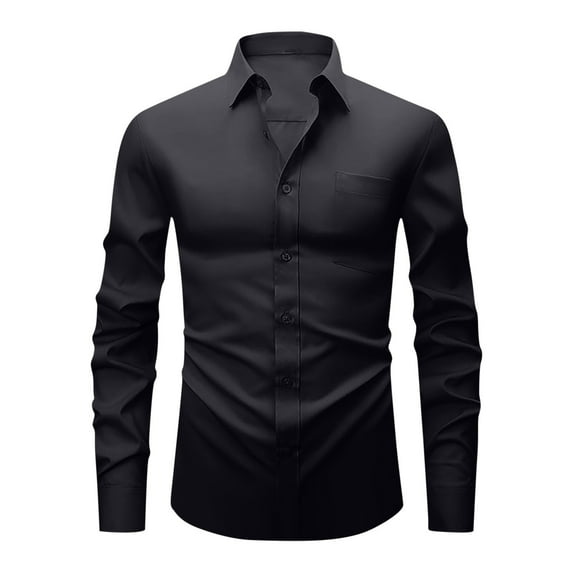 Ecqkame Men's Dress Shirts Solid Color Long Sleeve Stretch Wrinkle-Free Formal Shirt Business Casual Button Down Shirts Black L