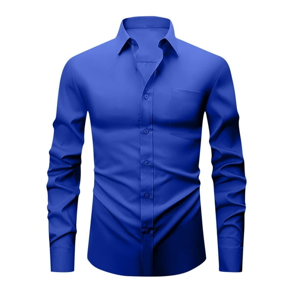 Ecqkame Men's Dress Shirts Solid Color Long Sleeve Stretch Wrinkle-Free Formal Shirt Business Casual Button Down Shirts Blue XXXL