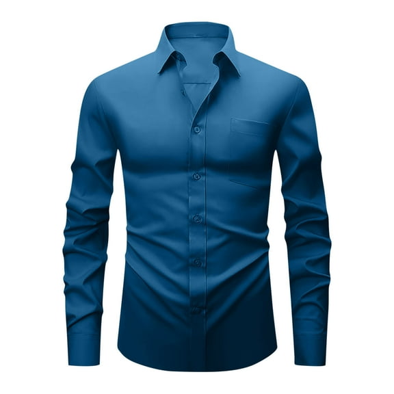 Ecqkame Men's Dress Shirts Solid Color Long Sleeve Stretch Wrinkle-Free Formal Shirt Business Casual Button Down Shirts Navy L