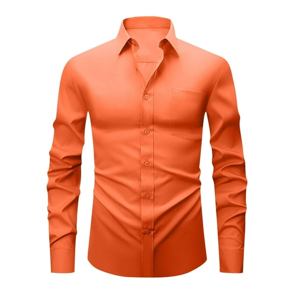 Ecqkame Men's Dress Shirts Solid Color Long Sleeve Stretch Wrinkle-Free Formal Shirt Business Casual Button Down Shirts Orange S