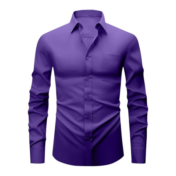 Ecqkame Men's Dress Shirts Solid Color Long Sleeve Stretch Wrinkle-Free Formal Shirt Business Casual Button Down Shirts Purple S
