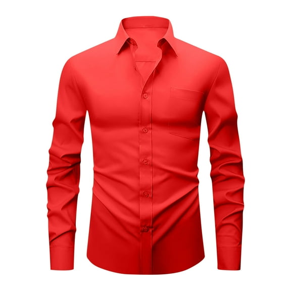 Ecqkame Men's Dress Shirts Solid Color Long Sleeve Stretch Wrinkle-Free Formal Shirt Business Casual Button Down Shirts Red L
