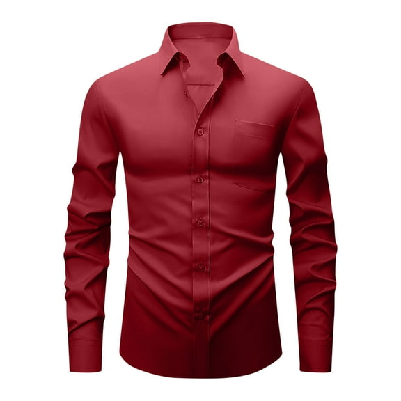 Ecqkame Men's Dress Shirts Solid Color Long Sleeve Stretch Wrinkle-Free Formal Shirt Business Casual Button Down Shirts Wine S