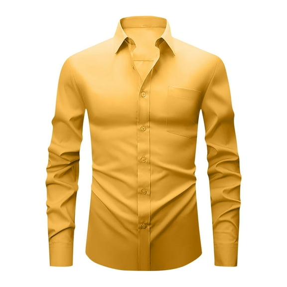 Ecqkame Men's Dress Shirts Solid Color Long Sleeve Stretch Wrinkle-Free Formal Shirt Business Casual Button Down Shirts Yellow XXXL