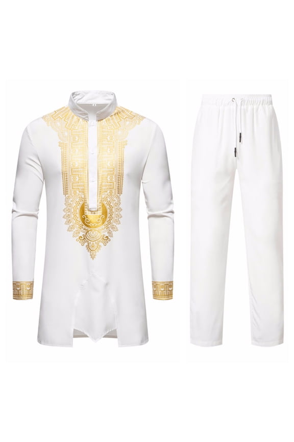 Men's Ethnic Sets 2 Piece Printed Long Sleeved Stand Collar Dashiki &Trousers Two-Piece Set for Men A-White L