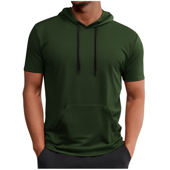 Ecqkame Men's Fashion Hoodies Sweatshirts Short Sleeve Workout Muscle Tops Fashion Athletic Pocket Drawstring Hooded Shirts 01-Army Green L