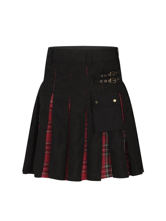 Men's Greenhorn Utility KiltMen Casual Patchwork Snap Fastener Have Pockets Plaid Pleated Skirt Short Skirt Red S