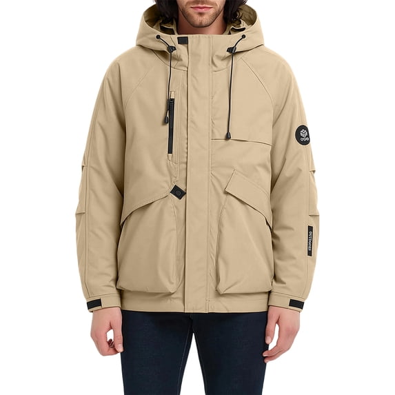 Ecqkame Men's Hooded Rain Coats Waterproof Windproof Outdoor Jacket Multi-Pocket Zip-Up Hiking Comfortable Coat Khaki XL