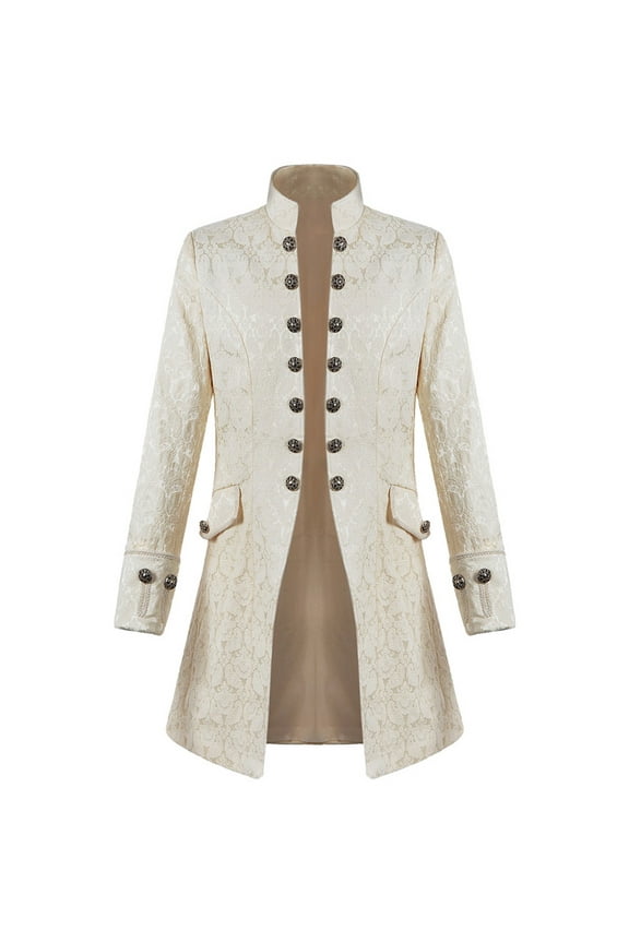 Men's Jackets Gothic Coat Medieval Standing Collar Court Jacket Standing Collar Retro Steampunk Cotton Coat A-Beige L