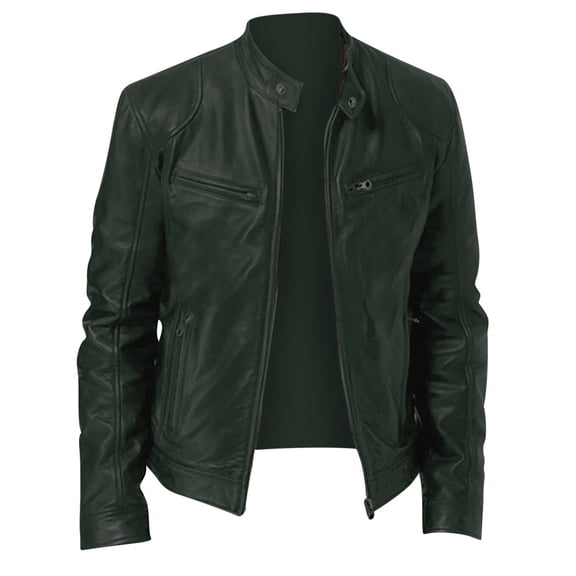 Ecqkame Men's Leather Jackets Windproof Vintage Long Sleeve Winter Stand Collar Coats Zipper Pocket Motorcycle Fashion Casual Jacket Army Green XXXL