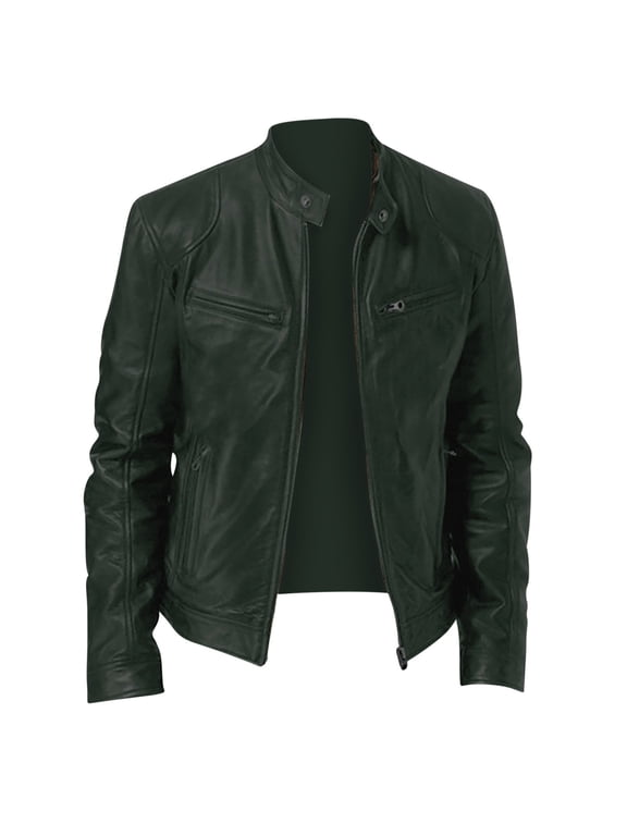 Men's Leather Jackets Windproof Vintage Long Sleeve Winter Stand Collar Coats Zipper Pocket Motorcycle Fashion Casual Jacket Army Green XXXL