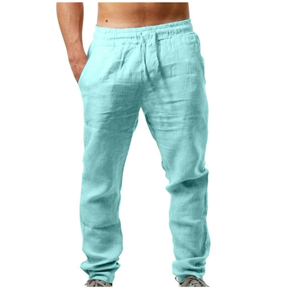 Ecqkame Men's Linen Pants Casual Straight Leg Loose Lightweight Drawstrintg Elastic Waist Summer Beach Pants Mint Green L