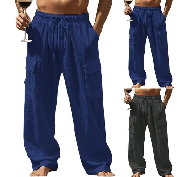 Ecqkame Men's Linen Sweatpants Casual Loose Elastic Waist Drawstring Pants Lightweight Cargo Sports Trousers with Pockets Navy M