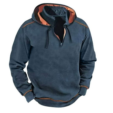 Ecqkame Men's Long Sleeve Hooded Pullover Sweatshirt Quarter Zip Stand-Up Collar Sports Hoodies Tops Blue L on Clearance