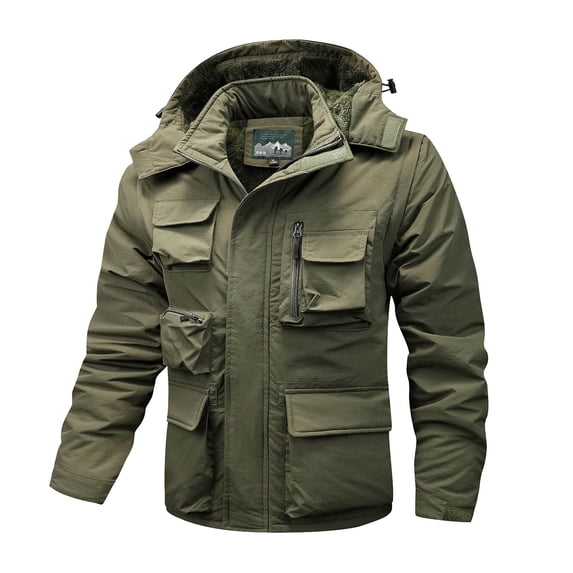 Ecqkame Men's Outdoor Jackets Fleece Windproof Pocket Zipper Solid Color Jacket Long Sleeved Hooded Climb Sport Run Outerwear Army Green XXXXXL