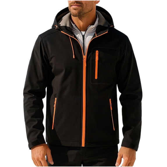 Ecqkame Men's Outdoor Jackets Fleece Windproof Pocket Zipper Solid Color Jacket Long Sleeved Hooded Climb Sport Run Outerwear Black L
