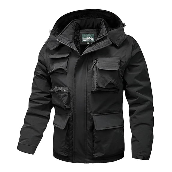 Ecqkame Men's Outdoor Jackets Fleece Windproof Pocket Zipper Solid Color Jacket Long Sleeved Hooded Climb Sport Run Outerwear Black XXXXXL