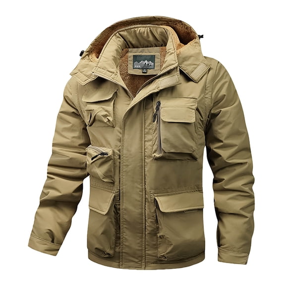 Ecqkame Men's Outdoor Jackets Fleece Windproof Pocket Zipper Solid Color Jacket Long Sleeved Hooded Climb Sport Run Outerwear Khaki XL
