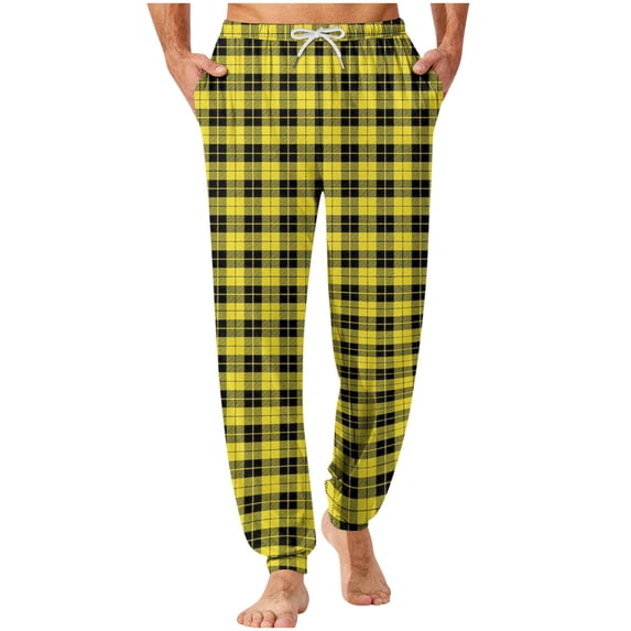 Ecqkame Men's Pajama Pants Plaid Printing Lounge Comfy Elastic Waist Drawstring Pant Casual Loose Everyday Trousers Yellow M